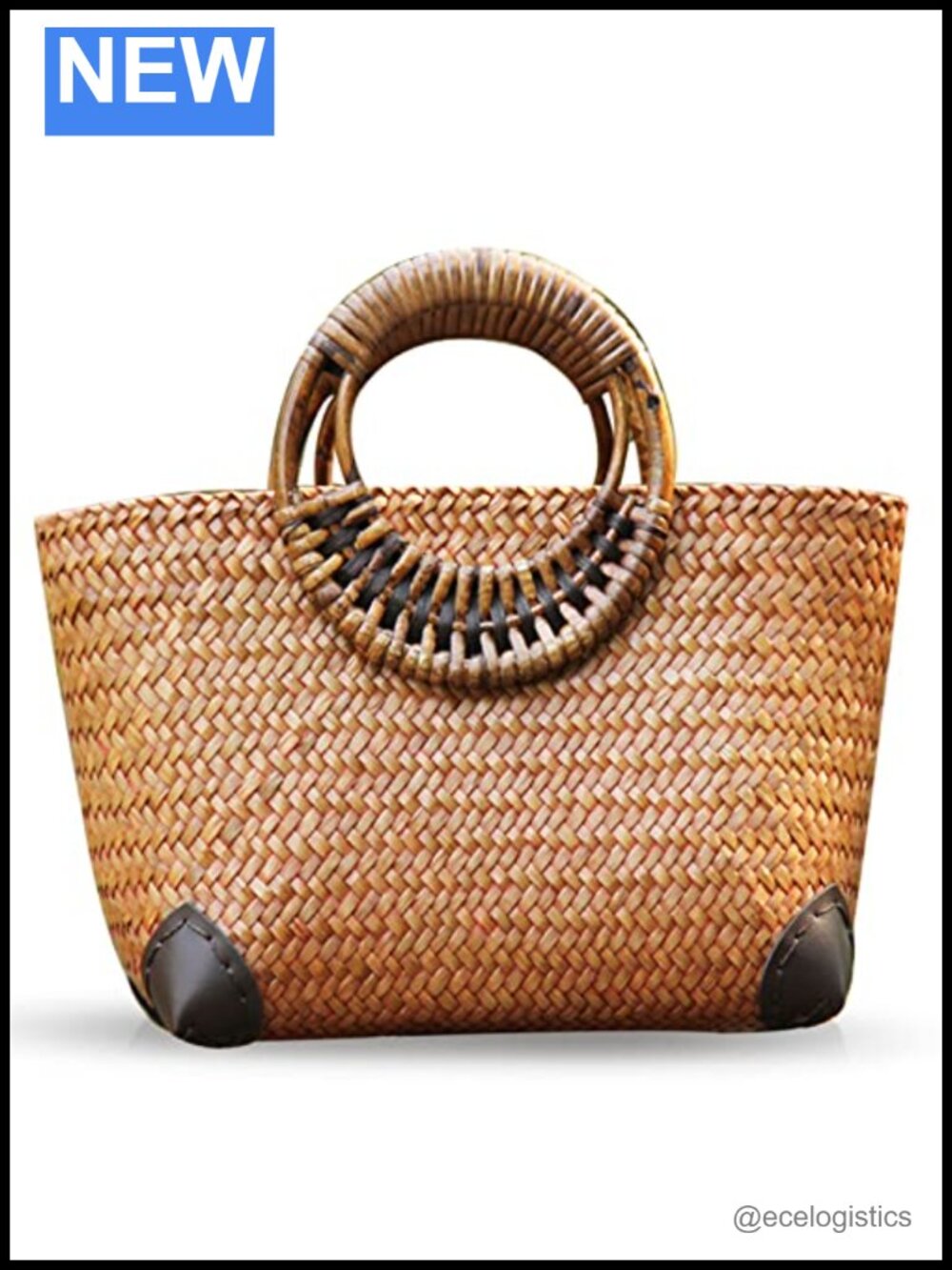 Boho Handmade Rattan Straw Tote Bag with Bamboo Handle for Beach Vacation